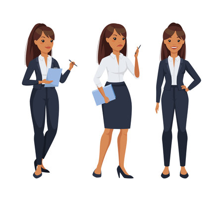 Office Woman Character Wearing Formal Suit in Standing Pose Vector Setのイラスト素材