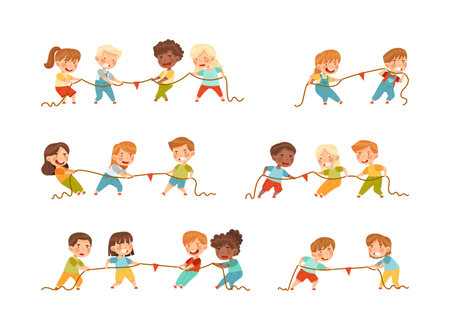 Cute kids playing with rope tug of war. Groups of happy children pulling opposite ends of rope cartoon vector illustrationのイラスト素材