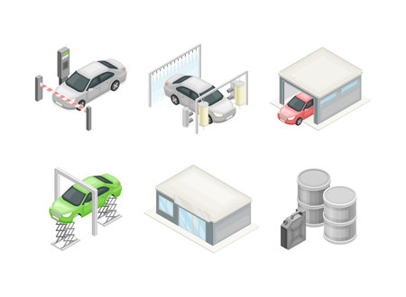 Auto repair service set. Car repairing, diagnostics and washing vector illustrationのイラスト素材