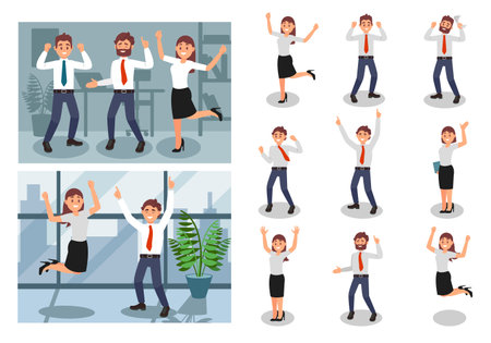 Happy Office Worker and Employee in Formal Suit Jumping with Joy and Cheering Big Vector Setのイラスト素材