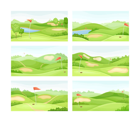 Golf courses set. Green summer course with holes, sand traps and flags vector illustrationのイラスト素材