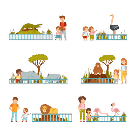 Cute parents and kids visiting zoo set. People looking at crocodile, animal, hippo, monkey, lion, flamingo wild animals vector illustrationのイラスト素材