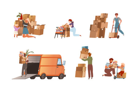 People moving to new apartments set. Family members packing boxes, movers in overalls unloading cardboard boxes from van. Delivery service vector illustrationのイラスト素材