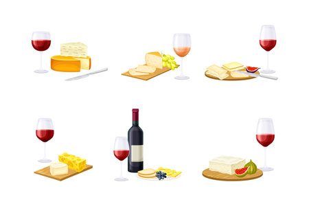 Wine and cheese set. Glasses of red and white wine and cheese vector illustrationのイラスト素材