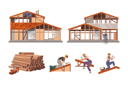 Male workers building cottages set. Building and construction industry vector illustrationのイラスト素材