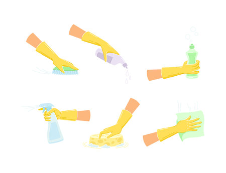 Hand in Yellow Glove Cleaning with Sponge, Brush, Wipe, Soap and Detergent Bottle Vector Setのイラスト素材
