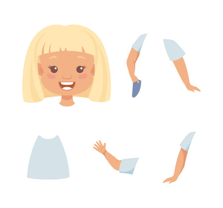 Little Blond Girl Character Constructor with Body Parts and Face Emotion Vector Setのイラスト素材