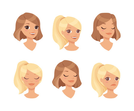 Pretty Woman Character Face with Short Haircut and Blond Ponytail Feeling Emotion Vector Setのイラスト素材