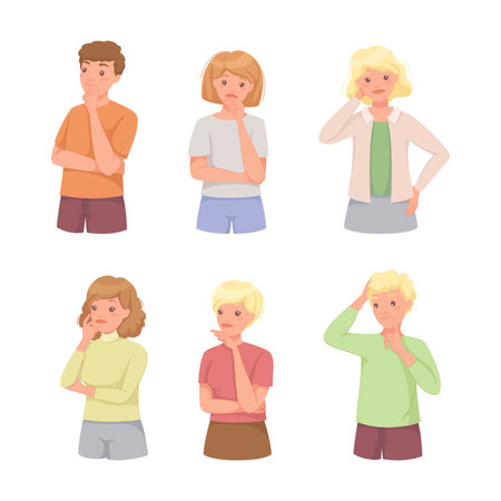 Pensive People Character Scratching Head Thinking and Considering Something Vector Setのイラスト素材