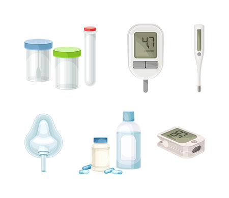 Medical laboratory equipment set. Test tube, pills, thermometer, pulse oximeter cartoon vector illustrationのイラスト素材