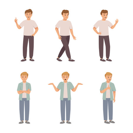 Young man in casual clothes gesturing set. Guy pointing with finger, standing with folded hands, waving hand in greeting and doubting vector illustrationのイラスト素材