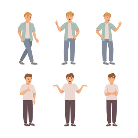 Young man in casual clothes gesturing set. Guy pointing with finger, standing with folded hands, showing thumb up and doubting vector illustrationのイラスト素材