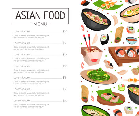 Asian Food Menu Design with Noodles, Soup Bowl and Sushi Vector Templateのイラスト素材