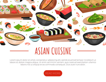 Asian Food Web Design with Noodles, Soup Bowl and Sushi Vector Templateのイラスト素材