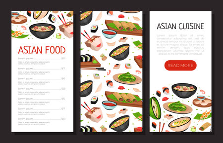 Asian Food Menu Design with Noodles, Soup Bowl and Sushi Vector Templateのイラスト素材