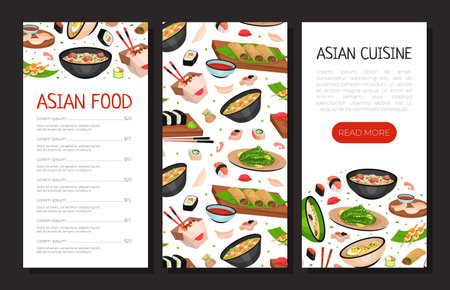 Asian Food Menu Design with Noodles, Soup Bowl and Sushi Vector Templateの素材 [FY310193700487]