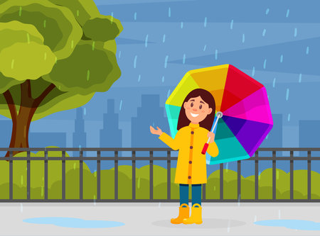 Little Girl with Umbrella Walking Outdoor in Autumn Enjoying Rainy Weather Vector Illustrationのイラスト素材