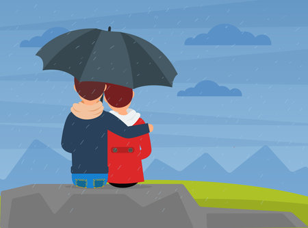 Couple with Umbrella Sitting on Stone Rock Outdoor in Autumn Enjoying Rainy Weather Vector Illustrationのイラスト素材