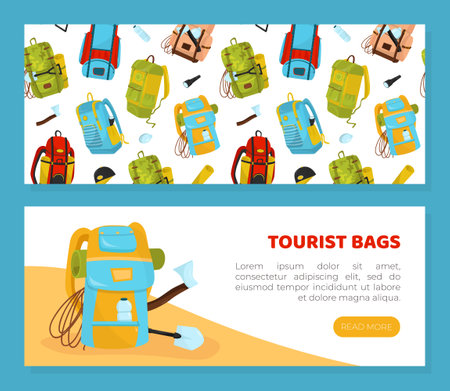 Tourist backpack horizontal web banner set. Bags for traveling special offer, promotional banner, leaflet, backpack seamless pattern cartoon vectorのイラスト素材