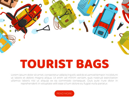 Tourist backpack landing page template. Travel bags homepage, web banner cartoon vectorのイラスト素材