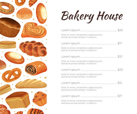 Bakery Menu Design with Baked Food Like Bread Loaf and Sweet Pastry Vector Templateのイラスト素材