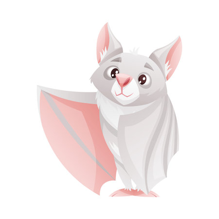 Funny Grey Bat with Cute Snout and Pointed Ears Standing with Spread Wing Vector Illustrationのイラスト素材