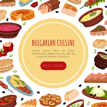 Bulgarian Food Cuisine Banner Design with Popular Dishes Vector Templateのイラスト素材