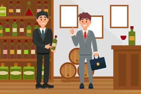 Cheerful man in suit selling alcoholic drinks. Man customer standing near wooden shelves with beverages buying bottle of wine flat vectorのイラスト素材