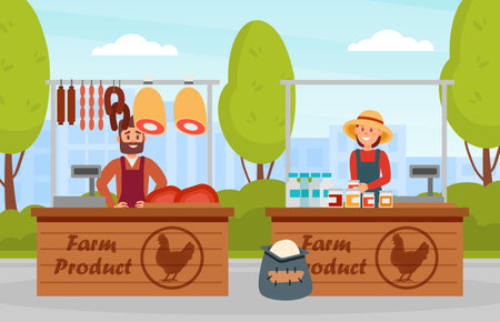 Cheerful people selling fresh meat and dairy products at wooden market stalls. Outdoor food market flat vectorのイラスト素材