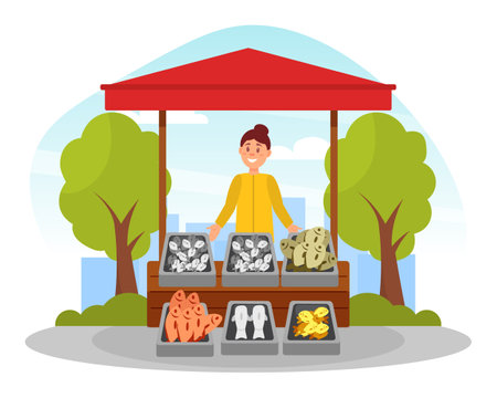 Cheerful woman selling fresh seafood at wooden market stall. Outdoor food market flat vectorのイラスト素材