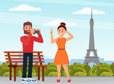 Man and Woman Couple Traveler Taking Photo with Eiffel Tower Engaged in Tourism Vector Illustrationのイラスト素材