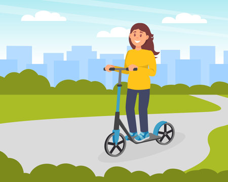 Girl riding electric kick scooter. Personal urban city transportation. Eco friendly alternative vehicles flat vectorのイラスト素材