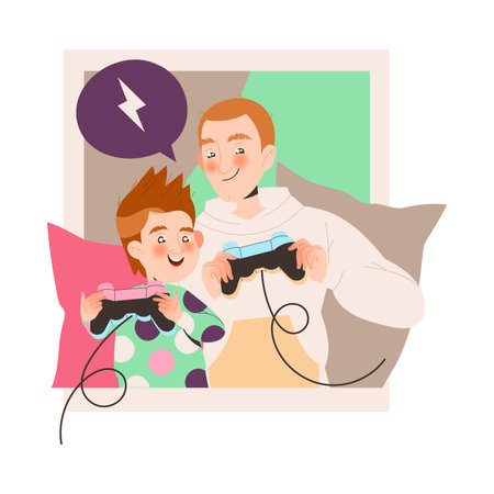 Father and Son with Gamepad Playing Computer Game and Having Fun Together Enjoying Recreation Activity Vector Illustrationのイラスト素材