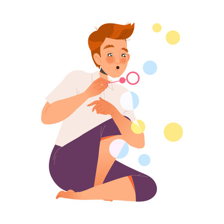 Young Father Sitting on the Floor and Blowing Soap Bubbles Vector Illustrationのイラスト素材