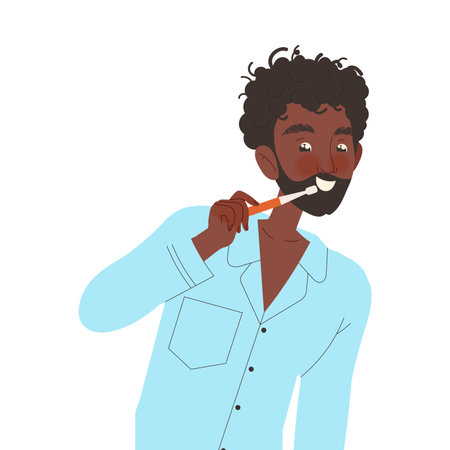 Young African American Man Character Brushing Teeth Vector Illustrationのイラスト素材