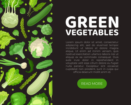 Green vegetables web banner with space for text. Natural healthy food landing page, website with organic vegetables pattern cartoon vectorのイラスト素材