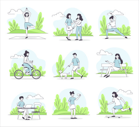 People Character Walking in the Park Doing Yoga, Sitting on Bench and Cycling Outline Vector Setのイラスト素材
