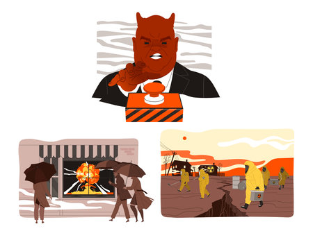 Danger of Nuclear Catastrophe with Evil Man Pressing Red Button and Hazardous Atomic Explosion Vector Setのイラスト素材