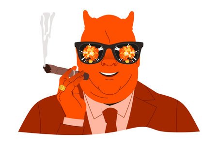 Danger of Nuclear Catastrophe with Horned Evil Man Politician in Sunglasses with Explosive Cloud Reflection Smoking Cigar Vector Illustrationのイラスト素材