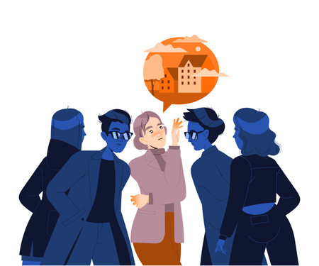 Young Woman Thinking of Emigration and Changing Place of Living with Surrounded People Listening Vector Illustrationのイラスト素材