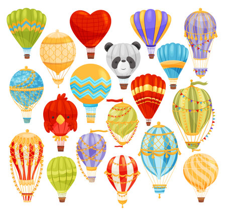 Hot air balloons set. Colorful flying balloons with different patterns cartoon vectorのイラスト素材