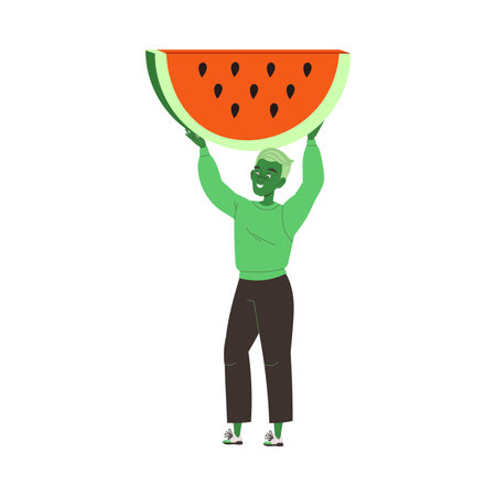 Happy Green Man Holding Huge Watermelon Slice as Ketogenic Diet Food Vector Illustrationのイラスト素材