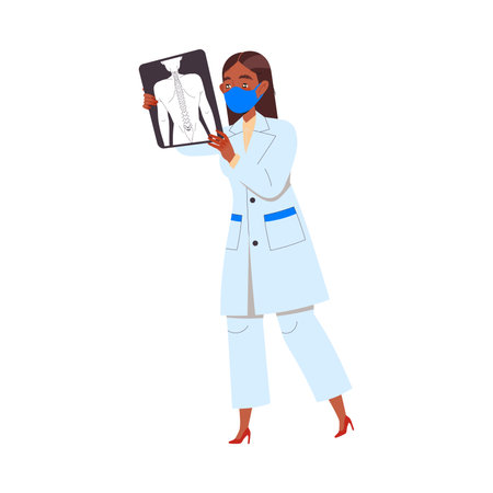 Woman Doctor or Practitioner in Uniform and Mask with X-ray Engaged in Medical Examination Vector Illustrationのイラスト素材