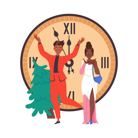 Cheerful Man and Woman Character in Evening Dress Celebrating New Year Holiday Near Huge Clock Vector Illustrationのイラスト素材