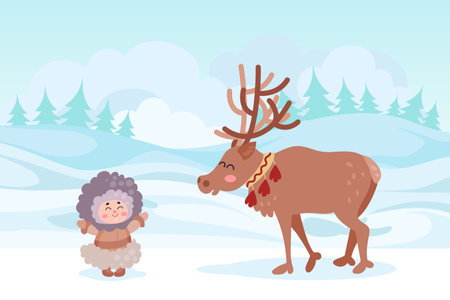 Cute happy eskimo indigenous girl and reindeer on northern landscape cartoon vectorのイラスト素材