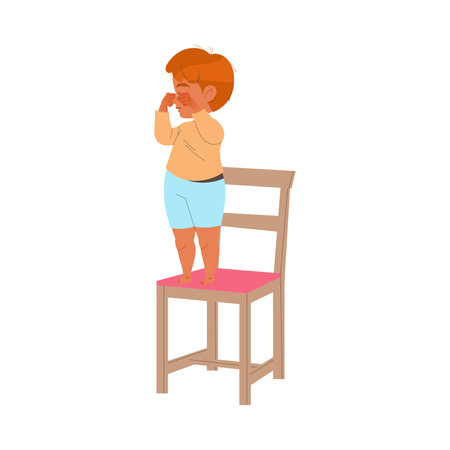 Little Crying Boy Standing on Chair Wiping Tears from Face Vector Illustrationのイラスト素材