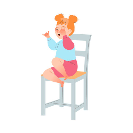 Little Crying Redhead Girl Sitting on Chair Wiping Tears from Face Vector Illustrationのイラスト素材