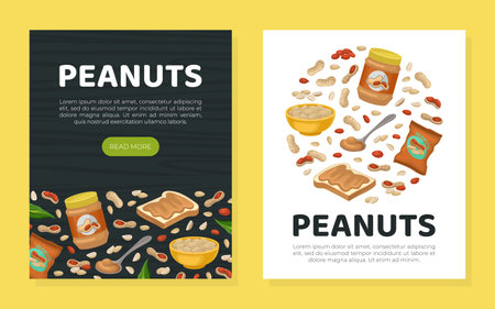 Peanuts organic product flyer templates set. Natural nutritional product banner, poster, card, promotional leaflet cartoon vectorのイラスト素材