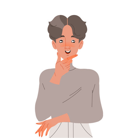 Pensive Man Character Thinking and Considering Something Scratching His Chin Vector Illustrationのイラスト素材