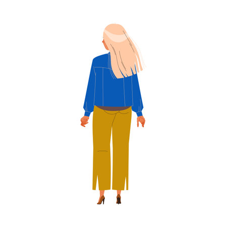 Back View of Blond Woman Character in Blue Jacket Standing Vector Illustrationのイラスト素材
